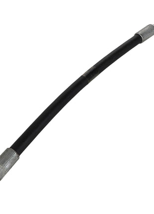 The AGCO | HYDR. HOSE - AL9030839 by AGCO is a black flexible hydraulic hose featuring metal fittings at both ends: one straight and one angled. Currently, there is no additional product description information available for further specifications.