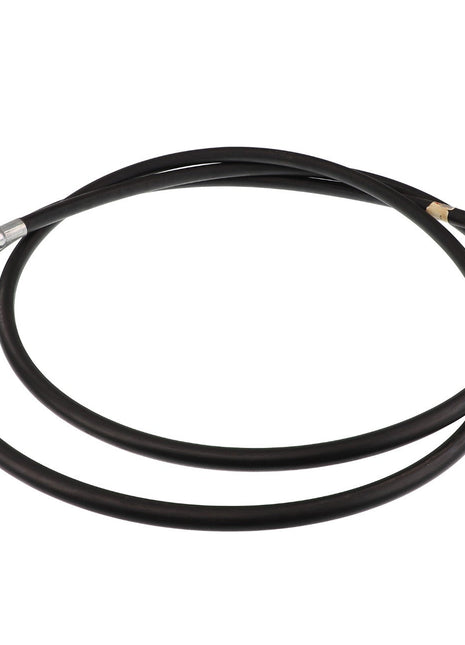 Image of the AGCO Hydraulic Hose - Acp0015930, a coiled black hose with silver connectors at both ends, placed against a white background.