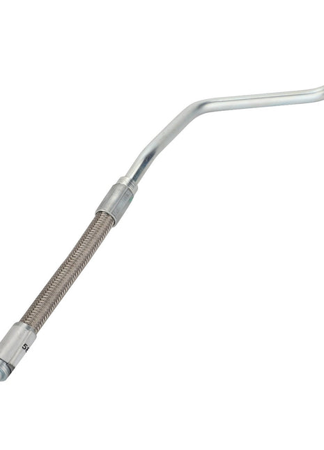 The AGCO Hydraulic Line - Acp0310390 is a metal automotive brake hose featuring a braided section in the middle, equipped with a nut fitting on one end and a curved tube with a rounded end on the other. Detailed specifications are currently unavailable.