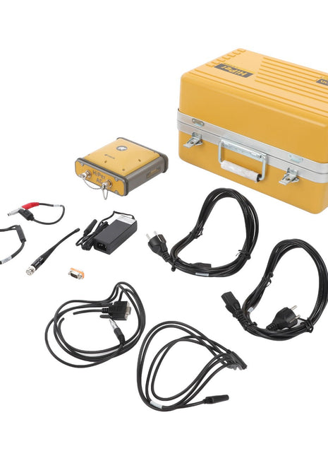 The AGCO | HIPER AG BASE STATION KIT - ACZ000126A by AGCO includes a vibrant yellow case, assorted black cables for all your needs, a reliable battery, sturdy clips, and an efficient yellow electronic device.