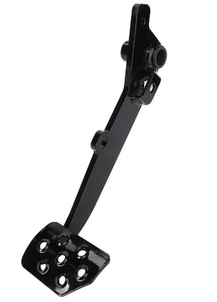 The AGCO Right Hand Brake Pedal - Acw9231370 by AGCO is a sleek black metal foot pedal featuring a perforated design on the surface, tailored specifically for automotive use.