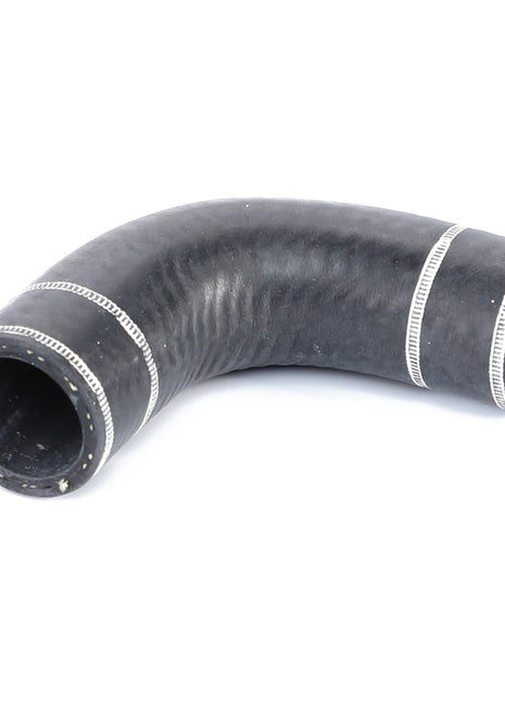 The AGCO Hose, For Coolant - Acw0101600 is a black, curved rubber hose that features two silver bands near each open end for reliable performance.