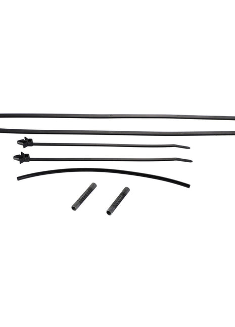Several black cable ties and two small cylindrical items from the AGCO Small Parts Kit - F931502030210 are neatly arranged on a plain white background.