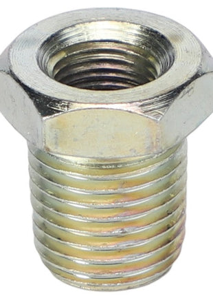 The product is an AGCO | REDUCER BUSH - AG558486, a metallic threaded hexagonal nut with a cylindrical base and uniform threading. No current product description information is available.