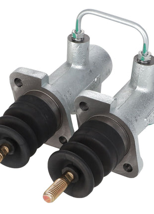 Two AGCO Brake Master Cylinders, each featuring black rubber boots, gold threaded rods, and an attached metal tube, enhance vehicle performance. Genuine AGCO Parts ensure top quality and reliability in every detail.