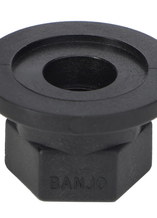 An AGCO black plastic tank fitting with a hexagonal base, labeled "BANJO," and featuring a central threaded hole. No product description provided for the AGCO | ADAPTER - AG057572.