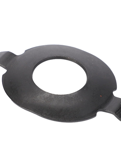 Here is the revised sentence using the given product data:

The AGCO THRUST WASHER (F930301020040) by AGCO is a flat, oval-shaped black metal object featuring a large central hole and two small extended tabs on opposite sides. Product description information is currently unavailable.