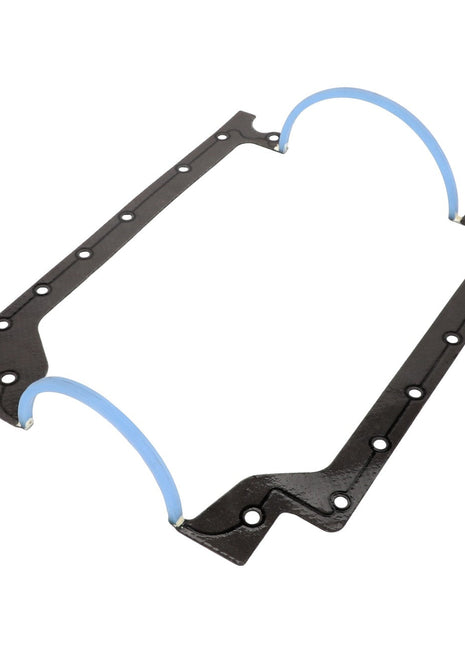 The AGCO Gasket Kit - Acp0347370 features a black rectangular gasket with blue semi-circular seals on both ends and is designed with multiple bolt holes around the perimeter for secure fastening.