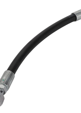 The AGCO Hydraulic Hose - Acx2505370, a flexible black rubber hose with metallic connectors on both ends—one end larger than the other—is designed for durability and efficiency.