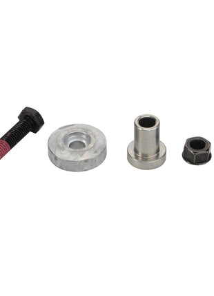 AGCO's meticulously assorted metal hardware items from their CARRIER line, featuring the F718501030040 model, include a bolt with red threadlocker, a large washer, a cylindrical spacer, a nut, and a small washer all lined up in a neat row.
