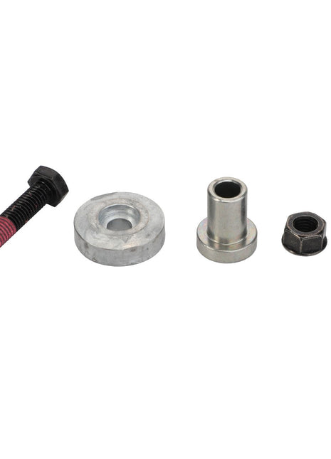 AGCO's meticulously assorted metal hardware items from their CARRIER line, featuring the F718501030040 model, include a bolt with red threadlocker, a large washer, a cylindrical spacer, a nut, and a small washer all lined up in a neat row.