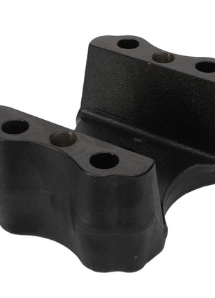 The AGCO Drawbar Clamp, Rear Hitch - F931502164110, is a black metal bracket engineered with four holes—two on each side—for mounting purposes, making it ideal for secure attachment within AGCO Parts linkage components.