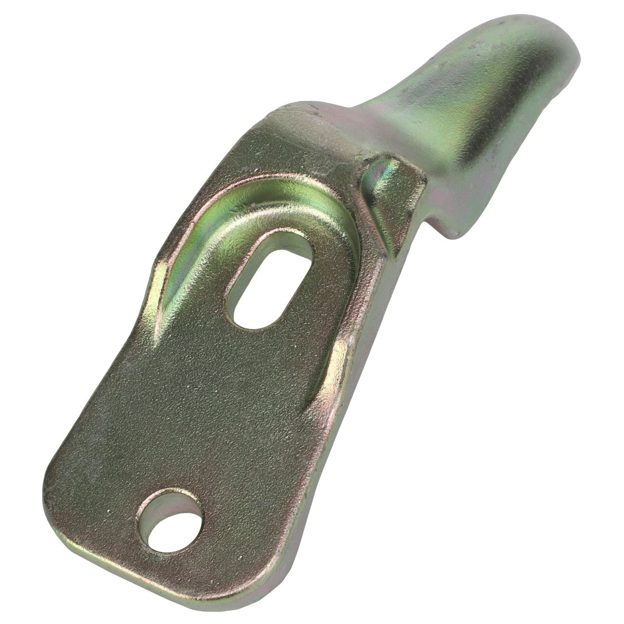 The AGCO Cam Bill Hook - Acx2829580 is a durable metal tow bar hitch component featuring an angled, contoured design with two mounting holes and a slot for versatile attachment options.