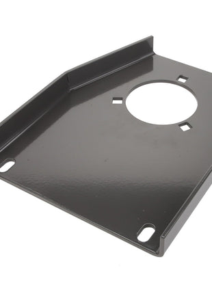 The AGCO BRACKET - D28284833 is a black metal mounting bracket featuring a circular cutout in the center and two elongated holes on each side for secure mounting. No current product description information is available.