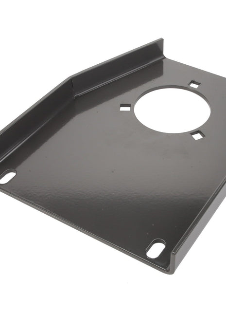 The AGCO BRACKET - D28284833 is a black metal mounting bracket featuring a circular cutout in the center and two elongated holes on each side for secure mounting. No current product description information is available.