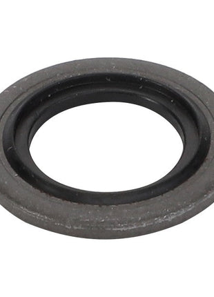 A close-up view of the AGCO Sealing Washer - Acp0603640, showcasing its round, flat, gray body with a prominent black inner ring.