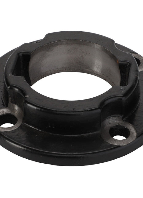 This is a close-up of the AGCO bearing carrier ACY1500450, a black metal flange with three bolt holes and a central circular opening.