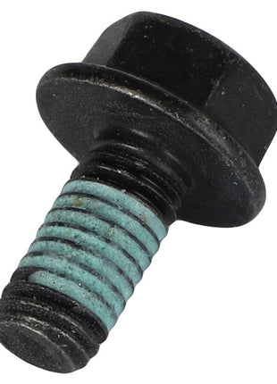 The AGCO | Hexagon Flange Bolt - Acw0920920 is a black bolt featuring a hexagonal head and blue thread sealant applied to the middle of the threaded section.