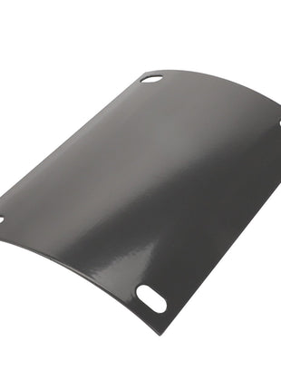 The AGCO Lid - La320688150 is a sleek, black curved metal plate featuring four oval mounting holes, one in each corner.