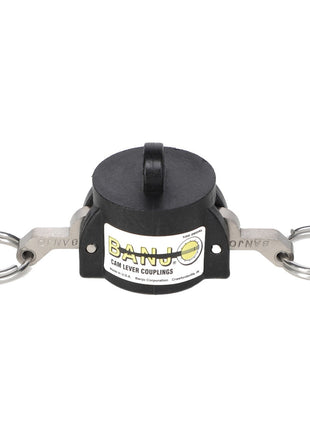 The AGCO | LEVER CAP - AG561035, a black plastic cam lever coupling featuring metallic handles and rings from the brand AGCO, serves as a reliable cap for male series adaptors.