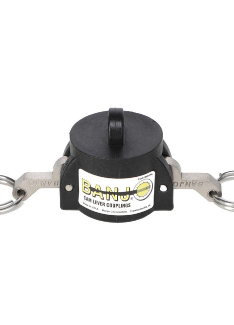 The AGCO | LEVER CAP - AG561035, a black plastic cam lever coupling featuring metallic handles and rings from the brand AGCO, serves as a reliable cap for male series adaptors.