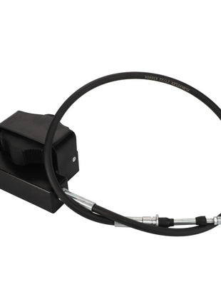 An AGCO hydraulic handbrake, Cable - Acp0328920, in sleek black is elegantly displayed against a pristine white background.