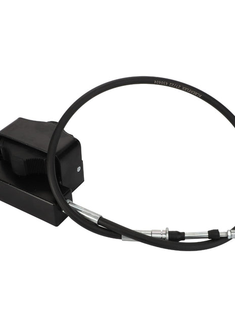 An AGCO hydraulic handbrake, Cable - Acp0328920, in sleek black is elegantly displayed against a pristine white background.