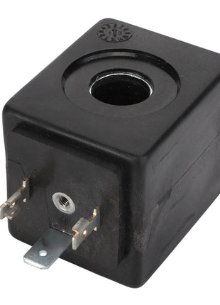 The AGCO Solenoid - D45120077 is a black electrical component featuring a circular hole in the center and three metal connectors on the side. No current product description information is available.