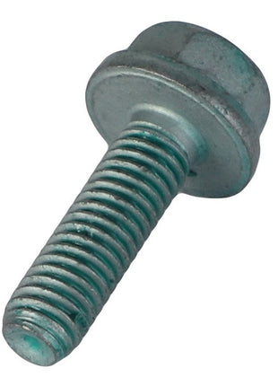 A close-up of the AGCO Hex Flange Capscrew - F530200210110 with visible threading and a greenish patina weathered on its surface.