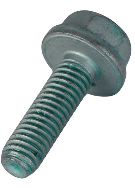 A close-up of the AGCO Hex Flange Capscrew - F530200210110 with visible threading and a greenish patina weathered on its surface.