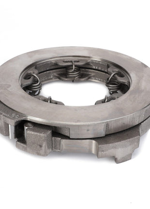 Product Description: Close-up of the AGCO | OPERATING DISC - F822100150010, a round metallic clutch pressure plate featuring visible springs and notches, designed for use in automotive transmissions. Produced by the reputable brand AGCO.