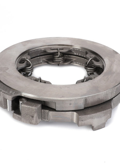 Product Description: Close-up of the AGCO | OPERATING DISC - F822100150010, a round metallic clutch pressure plate featuring visible springs and notches, designed for use in automotive transmissions. Produced by the reputable brand AGCO.