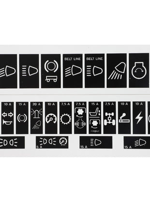 Image displaying the AGCO | Decal - Acp0424660, which features various automotive fuse labels on a black background with white symbols indicating different car functions such as headlights, horn, hazard lights, and air conditioning. This detailed pictorial guide from AGCO ensures easy identification of essential vehicle components for all drivers.
