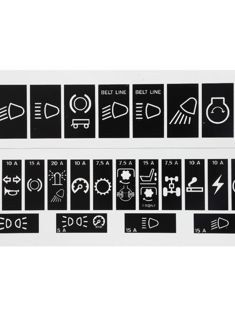 Image displaying the AGCO | Decal - Acp0424660, which features various automotive fuse labels on a black background with white symbols indicating different car functions such as headlights, horn, hazard lights, and air conditioning. This detailed pictorial guide from AGCO ensures easy identification of essential vehicle components for all drivers.
