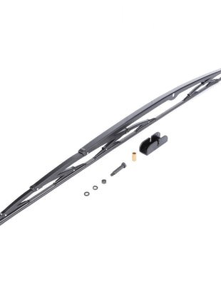 A windshield wiper blade alongside several small components including washers, a nut, and a bracket, all placed on a white background highlights the durability you can expect from the AGCO Wiper Blade - Windscreen (D45080049).