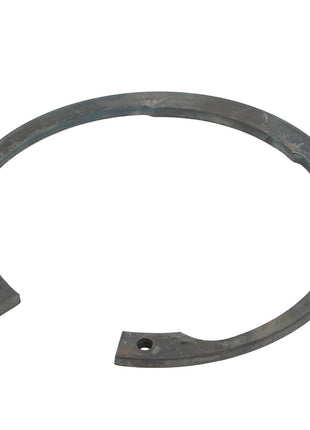 The AGCO CIRCLIP - D42516900 is a metal retaining ring featuring two small holes on opposite ends and a slightly uneven surface.