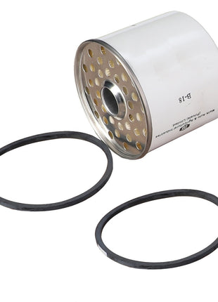 Featured is an AGCO | Fuel Filter Spin On - Acp0199940, a cylindrical metal filter with multiple holes and two rubber rings placed beside it. Unfortunately, no further product description is available.