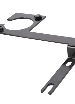 There is currently no product description information available for the AGCO | Bracket - Acw3759830 from AGCO, which features a black metal construction with two holes—one circular and one rectangular—and two protruding screws.