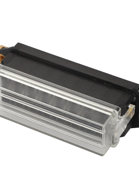 The AGCO | Fuse Holder - La322053450 is a sleek, clear rectangular plastic electronic component with black accents and metallic connectors on each side.