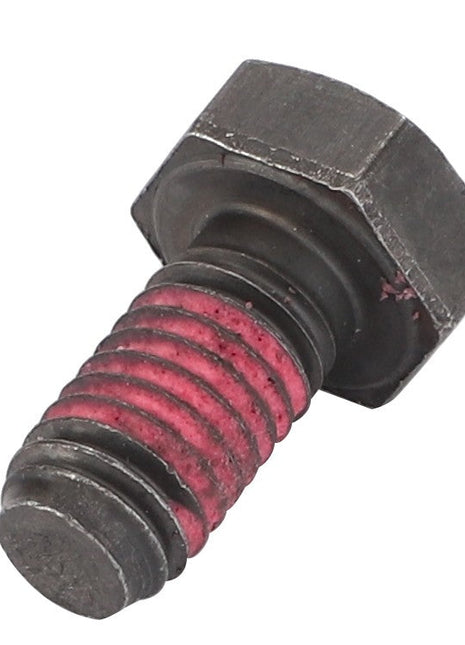 AGCO's Hexagonal Head Bolt - F411201210140 features a partially threaded red and black steel shaft, designed for robust and reliable connections.