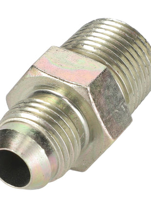 The AGCO ADAPTER - AG551201 is a metal adapter fitting with threaded ends and a hexagonal middle section for easy tightening, brought to you by the renowned brand, AGCO.