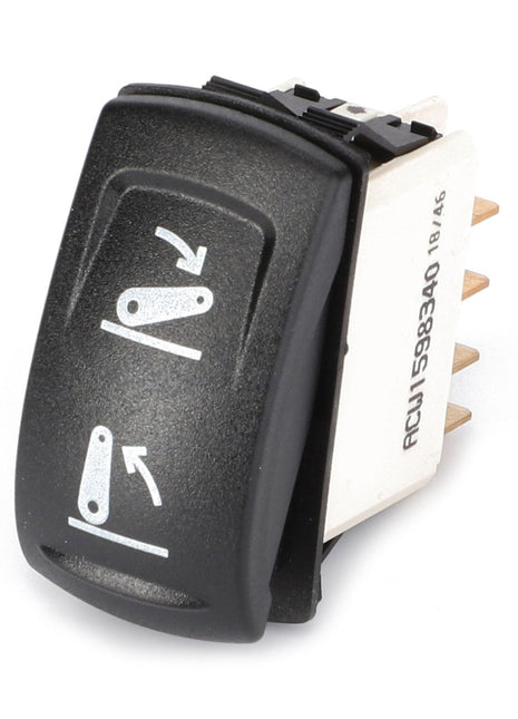 The AGCO Rocker Switch for 3-Point Hitch Up/Down (Acw1598340) is black with white symbols indicating the up and down positions, featuring a white back and multiple metal pins for electrical connections. No Current Product Description Information Is Available.