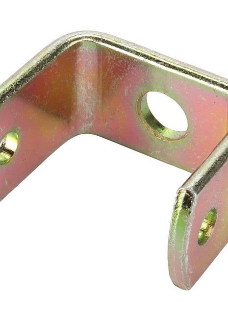 The AGCO | BRACKET - D28180969 from AGCO is a small, U-shaped metal bracket featuring three holes—strategically placed at each end and in the middle of the bend. Its slightly golden, galvanized finish not only enhances its durability but also adds a stylish touch.