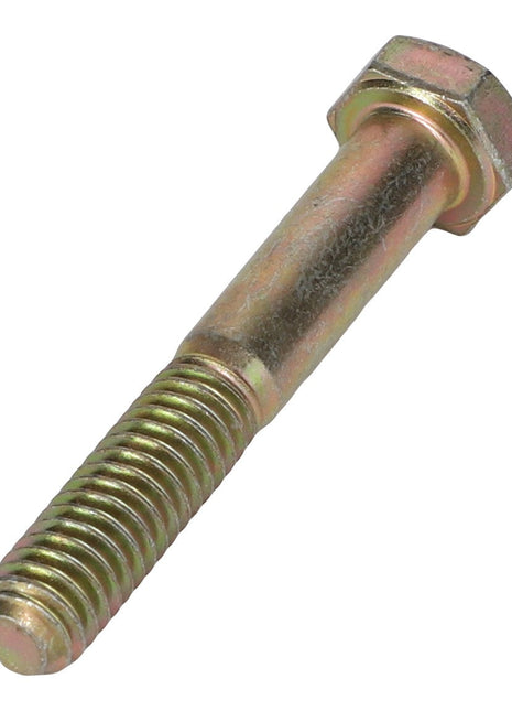 A close-up image of the AGCO | HEXAGONAL HEAD BOLT - AG552275, showcasing its metallic finish with threads at one end and a hexagonal head at the other, lying on a white background. This product description provides a detailed look at its features for your convenience.