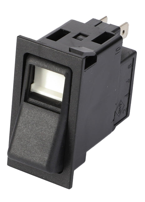 Introducing the AGCO | ROCKER SWITCH - V30944000, a black plastic rocker switch from AGCO featuring metal prongs on the back, specifically designed for electrical connections.