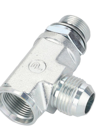 AGCO | Adapter - 3909610M1, a metal pipe fitting featuring three threaded openings, including a straight section and a right-angle branch. It has a silver finish, remains unused and clean, making it ideal for use with Massey Ferguson or Fendt models.