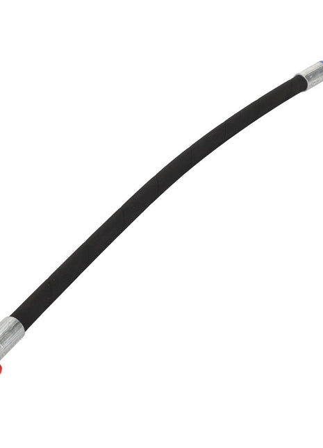 The AGCO Hose - Acw7358770, a flexible black hose from the AGCO brand, features durable metal connectors at both ends and a convenient red clip on one side, ensuring durability and ease of use.