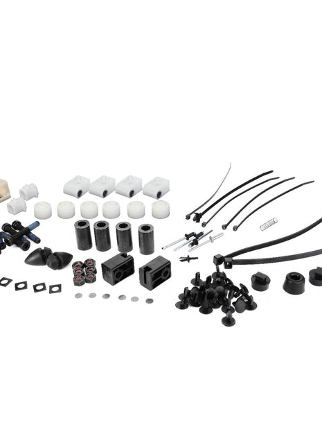 No current product description information is available for AGCO's assortment of hardware pieces, specifically the WEAR PART - F737812330200, which includes screws, nuts, bolts, washers, plastic clips, wire ties, and small metal brackets arranged on a white background.