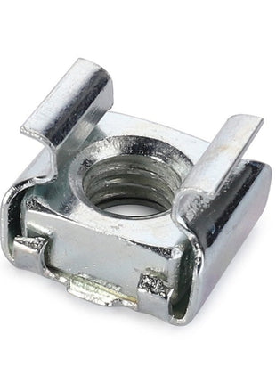 The AGCO | Nut - La320466350 by AGCO is a square metal cage nut featuring a threaded hole in the center and two spring clip tabs on either side, specifically designed for secure mounting in server racks.