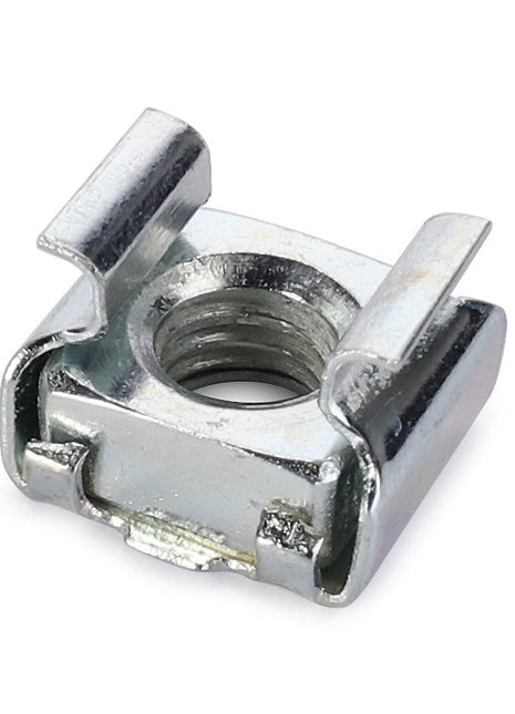 The AGCO | Nut - La320466350 by AGCO is a square metal cage nut featuring a threaded hole in the center and two spring clip tabs on either side, specifically designed for secure mounting in server racks.